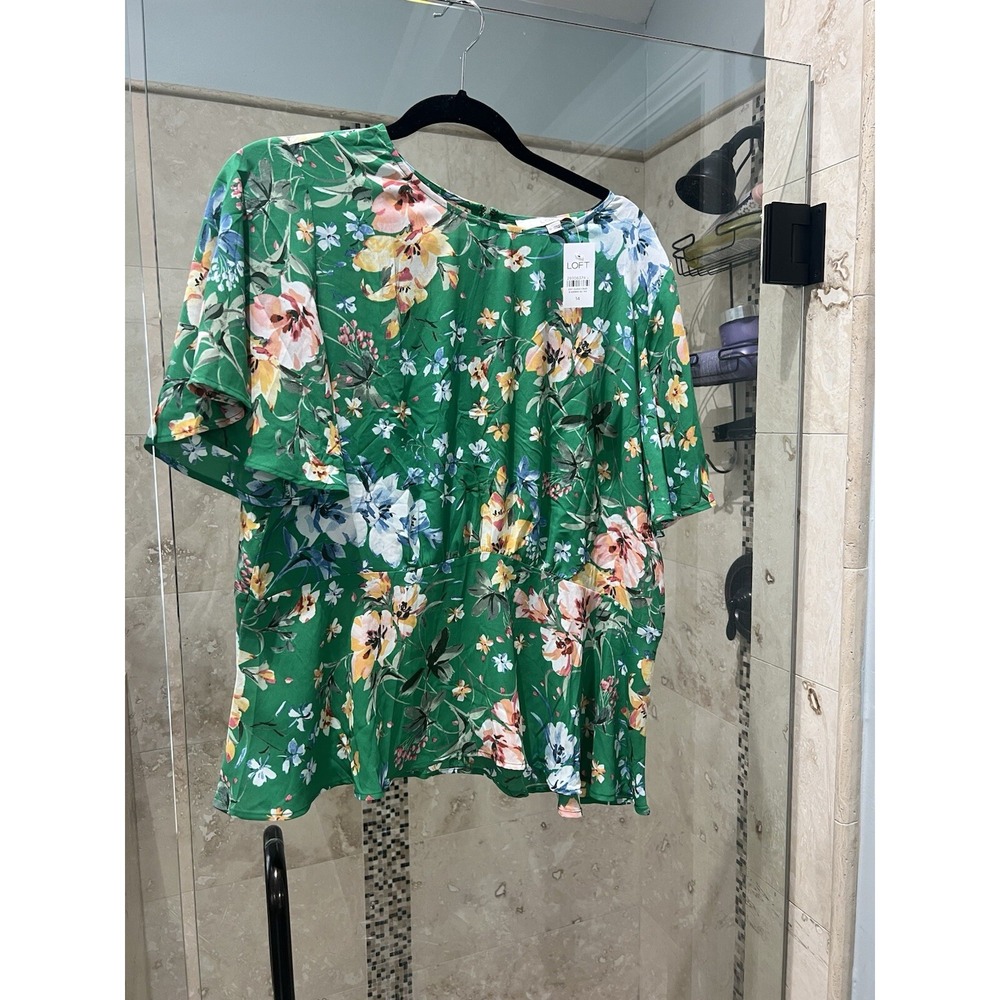 Ann Taylor LOFT Women 14 Floral Peplum Top Dynamic Green Flutter Blouse NWT